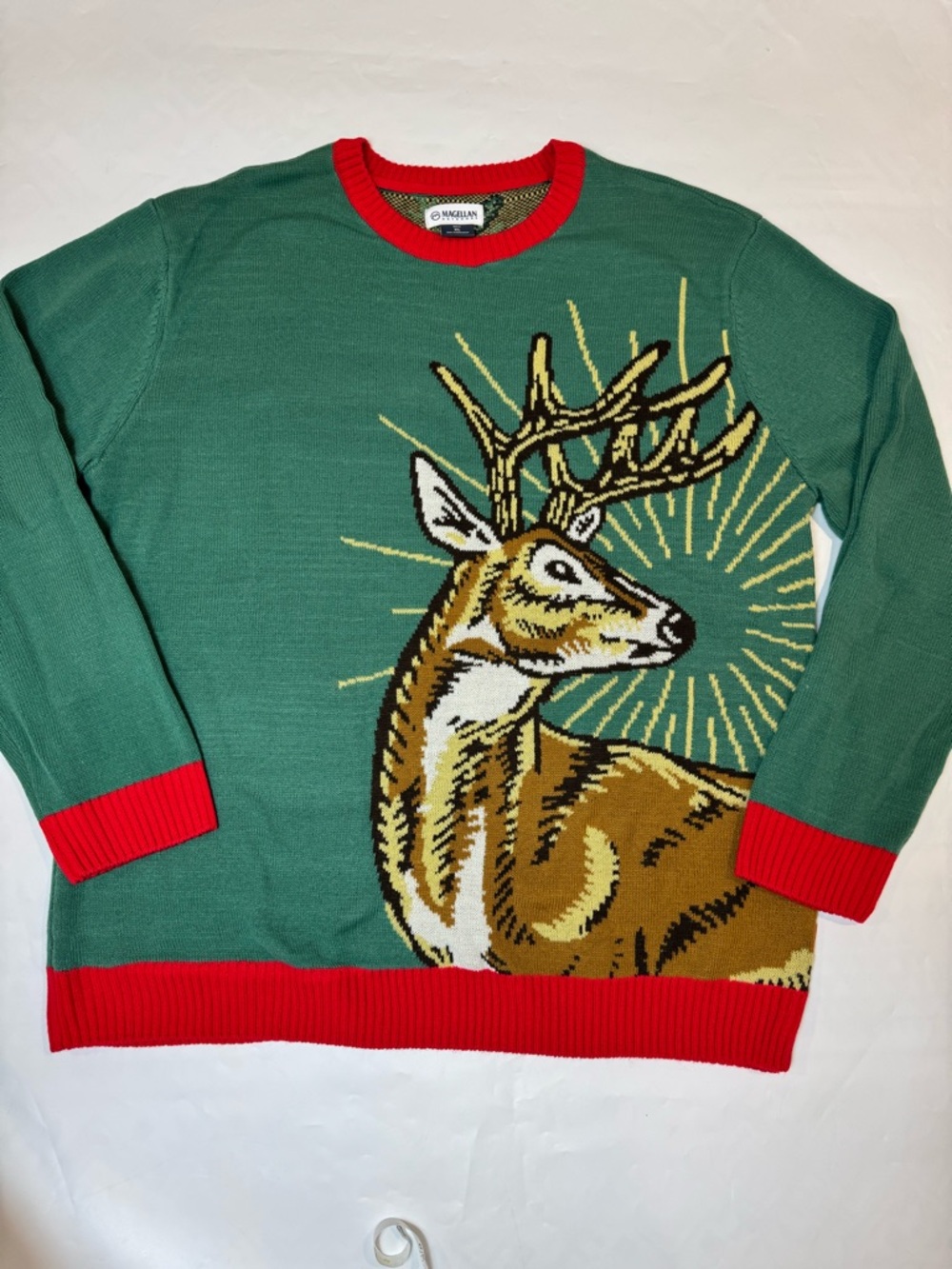 Magellan Outdoors Green Crewneck Sweater with Red Trim and Deer Graphic
